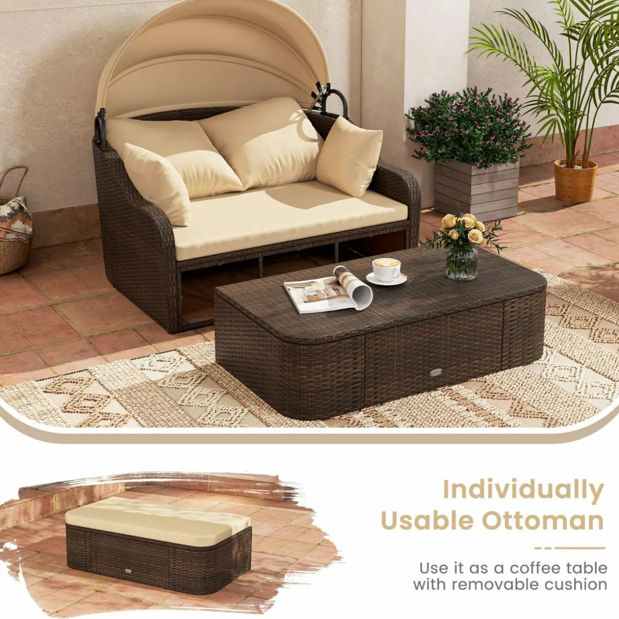 Tangkula Patio PE Rattan Daybed with Retractable Canopy, Double Lounge Bed with Soft Cushions and Extra Pillows