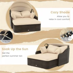 Tangkula Patio PE Rattan Daybed with Retractable Canopy, Double Lounge Bed with Soft Cushions and Extra Pillows