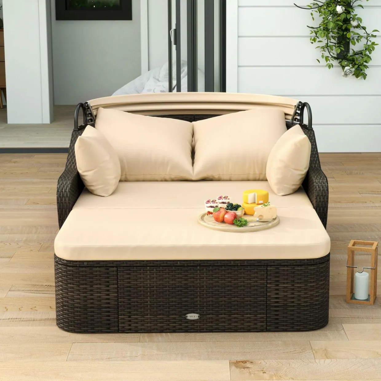 Tangkula Patio PE Rattan Daybed with Retractable Canopy, Double Lounge Bed with Soft Cushions and Extra Pillows