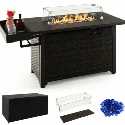 Tangkula Patio Propane Fire Pit Table, 52 Inch Wicker Gas Fire Pit with Wind Guard & Extended Shelf