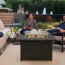 Tangkula Patio Propane Fire Pit Table, 52 Inch Wicker Gas Fire Pit with Wind Guard & Extended Shelf