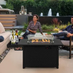 Tangkula Patio Propane Fire Pit Table, 52 Inch Wicker Gas Fire Pit with Wind Guard & Extended Shelf