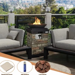 Tangkula Patio Propane Fire Bowl, Patiojoy 40,000BTU Square Fire Pit with Round Bowl, Lava Rocks & Waterproof Cover