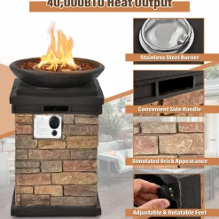 Tangkula Patio Propane Fire Bowl, Patiojoy 40,000BTU Square Fire Pit with Round Bowl, Lava Rocks & Waterproof Cover