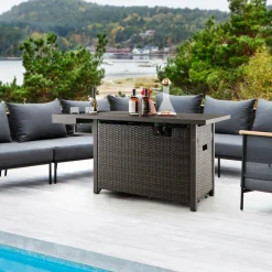Tangkula Patio Propane Fire Pit Table, 52 Inch Wicker Gas Fire Pit with Wind Guard & Extended Shelf