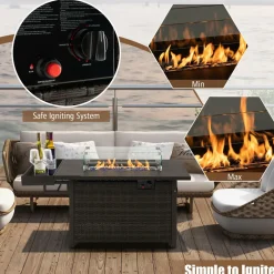 Tangkula Patio Propane Fire Pit Table, 52 Inch Wicker Gas Fire Pit with Wind Guard & Extended Shelf