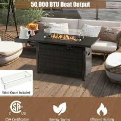 Tangkula Patio Propane Fire Pit Table, 52 Inch Wicker Gas Fire Pit with Wind Guard & Extended Shelf