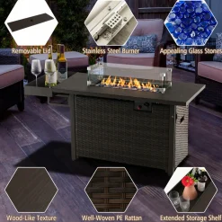 Tangkula Patio Propane Fire Pit Table, 52 Inch Wicker Gas Fire Pit with Wind Guard & Extended Shelf