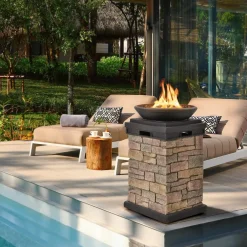 Tangkula Patio Propane Fire Bowl, Patiojoy 40,000BTU Square Fire Pit with Round Bowl, Lava Rocks & Waterproof Cover