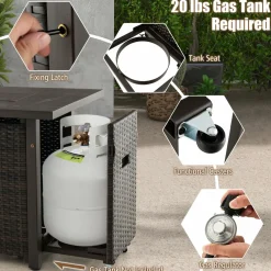 Tangkula Patio Propane Fire Pit Table, 52 Inch Wicker Gas Fire Pit with Wind Guard & Extended Shelf
