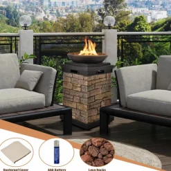 Tangkula Patio Propane Fire Bowl, Patiojoy 40,000BTU Square Fire Pit with Round Bowl, Lava Rocks & Waterproof Cover