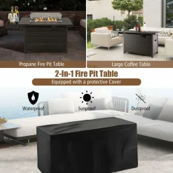 Tangkula Patio Propane Fire Pit Table, 52 Inch Wicker Gas Fire Pit with Wind Guard & Extended Shelf