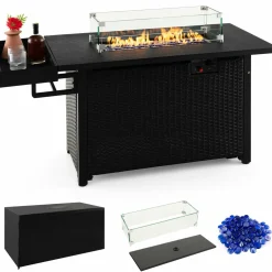 Tangkula Patio Propane Fire Pit Table, 52 Inch Wicker Gas Fire Pit with Wind Guard & Extended Shelf