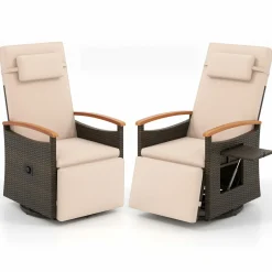 Tangkula Patio Rattan 360 Degree Swivel Recliner Chair, Wicker Lounge Chair w/Adjustable Backrest & Footrest