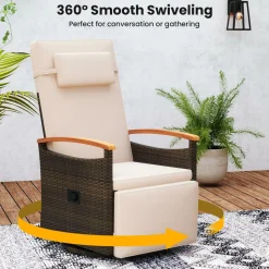 Tangkula Patio Rattan 360 Degree Swivel Recliner Chair, Wicker Lounge Chair w/Adjustable Backrest & Footrest