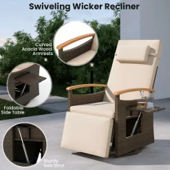Tangkula Patio Rattan 360 Degree Swivel Recliner Chair, Wicker Lounge Chair w/Adjustable Backrest & Footrest
