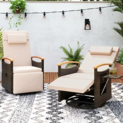 Tangkula Patio Rattan 360 Degree Swivel Recliner Chair, Wicker Lounge Chair w/Adjustable Backrest & Footrest