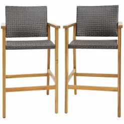 Tangkula Patio Rattan Bar Stool Set of 2, Outdoor PE Wicker Bar Chairs with Armrests