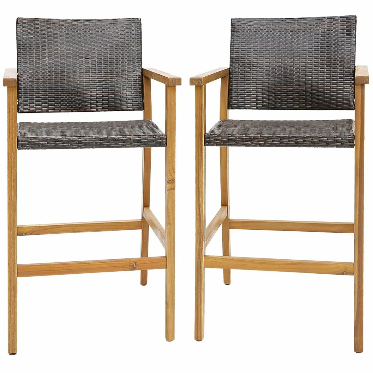 Tangkula Patio Rattan Bar Stool Set of 2, Outdoor PE Wicker Bar Chairs with Armrests