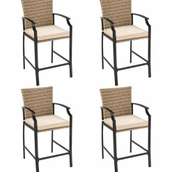 Tangkula Patio Rattan Bar Stools Set of 4, Outdoor Wicker Bar Height Chairs