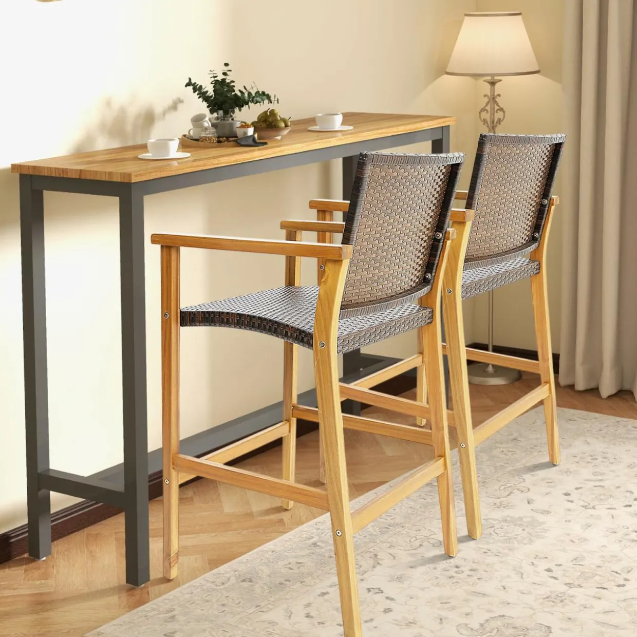 Tangkula Patio Rattan Bar Stool Set of 2, Outdoor PE Wicker Bar Chairs with Armrests