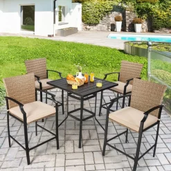 Tangkula Patio Rattan Bar Stools Set of 4, Outdoor Wicker Bar Height Chairs