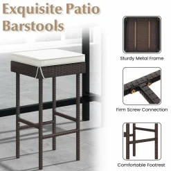 Tangkula Patio Rattan Barstools Set, Outdoor Wicker Bar Height Chairs with Footrest & Soft Cushions
