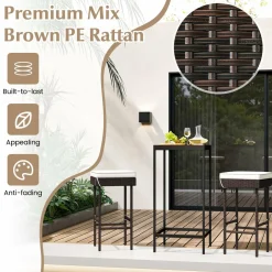 Tangkula Patio Rattan Barstools Set, Outdoor Wicker Bar Height Chairs with Footrest & Soft Cushions