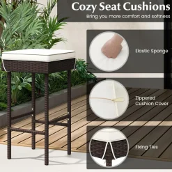 Tangkula Patio Rattan Barstools Set, Outdoor Wicker Bar Height Chairs with Footrest & Soft Cushions