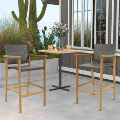 Tangkula Patio Rattan Bar Stool Set of 2, Outdoor PE Wicker Bar Chairs with Armrests