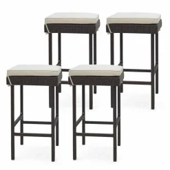 Tangkula Patio Rattan Barstools Set, Outdoor Wicker Bar Height Chairs with Footrest & Soft Cushions