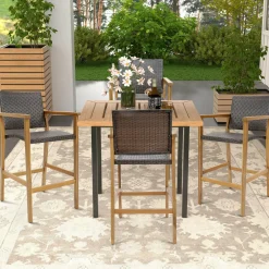 Tangkula Patio Rattan Bar Stool Set of 2, Outdoor PE Wicker Bar Chairs with Armrests