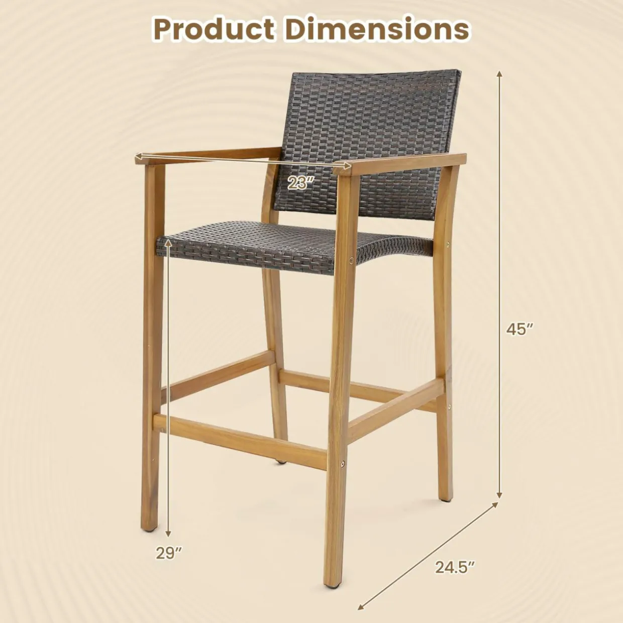 Tangkula Patio Rattan Bar Stool Set of 2, Outdoor PE Wicker Bar Chairs with Armrests