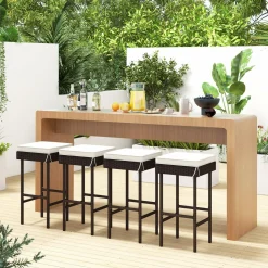 Tangkula Patio Rattan Barstools Set, Outdoor Wicker Bar Height Chairs with Footrest & Soft Cushions