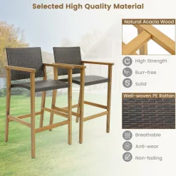 Tangkula Patio Rattan Bar Stool Set of 2, Outdoor PE Wicker Bar Chairs with Armrests