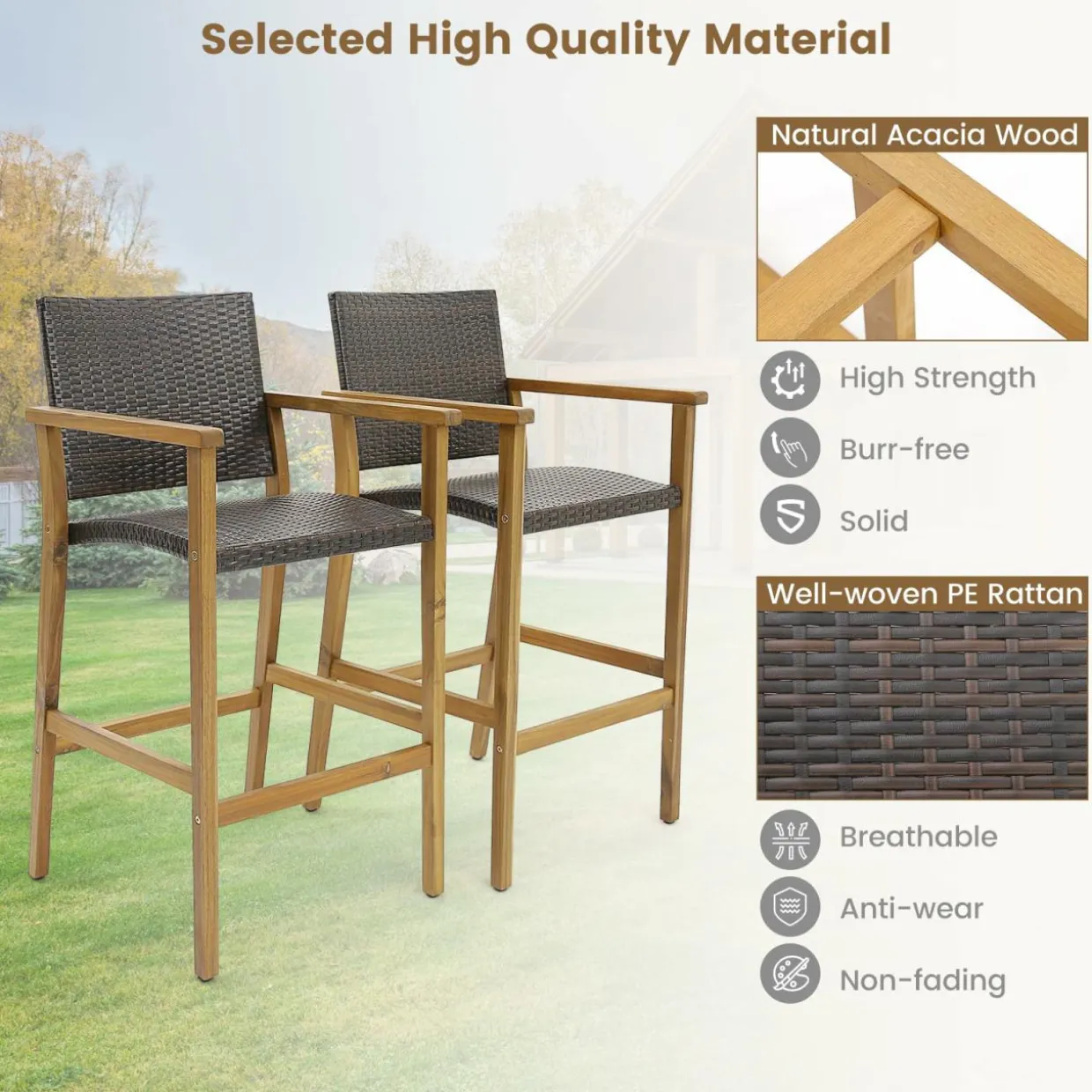 Tangkula Patio Rattan Bar Stool Set of 2, Outdoor PE Wicker Bar Chairs with Armrests