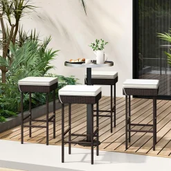 Tangkula Patio Rattan Barstools Set, Outdoor Wicker Bar Height Chairs with Footrest & Soft Cushions