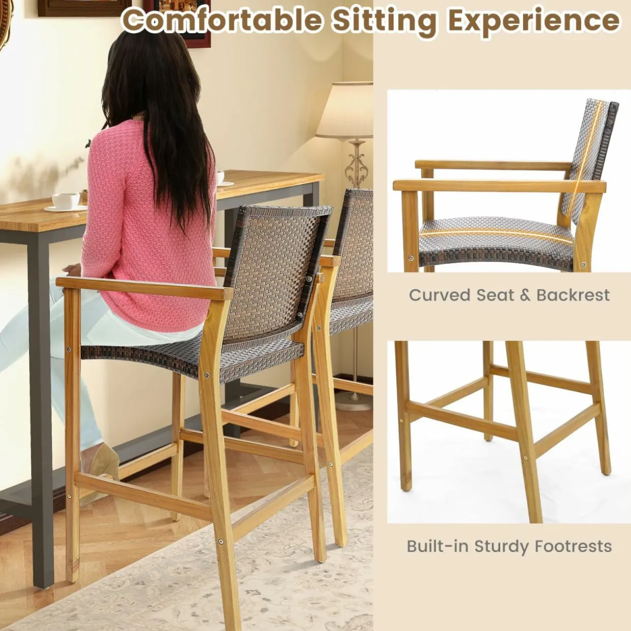 Tangkula Patio Rattan Bar Stool Set of 2, Outdoor PE Wicker Bar Chairs with Armrests