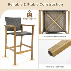 Tangkula Patio Rattan Bar Stool Set of 2, Outdoor PE Wicker Bar Chairs with Armrests