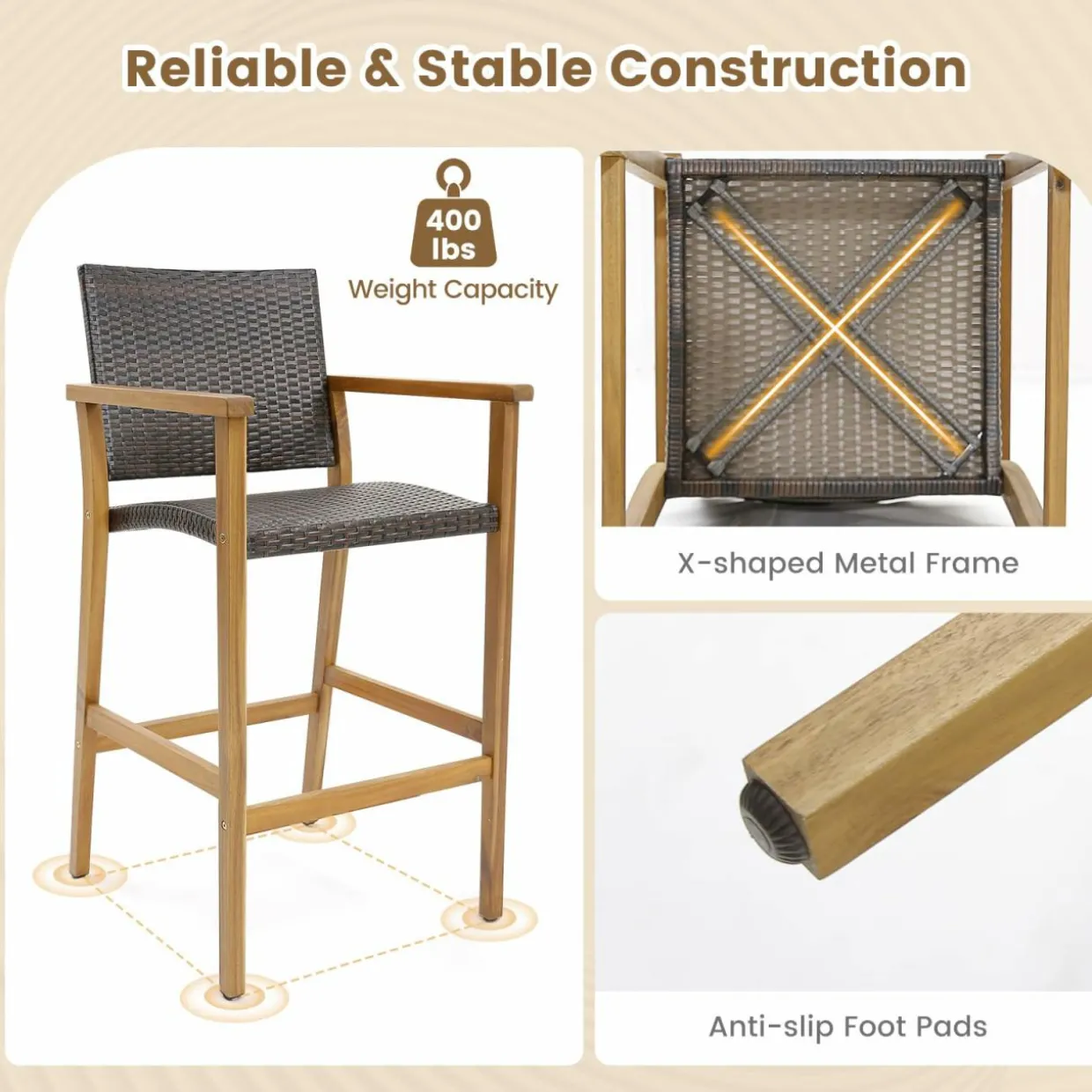 Tangkula Patio Rattan Bar Stool Set of 2, Outdoor PE Wicker Bar Chairs with Armrests