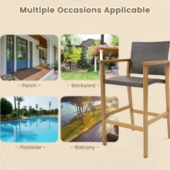 Tangkula Patio Rattan Bar Stool Set of 2, Outdoor PE Wicker Bar Chairs with Armrests