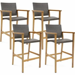 Tangkula Patio Rattan Bar Stool Set of 2, Outdoor PE Wicker Bar Chairs with Armrests