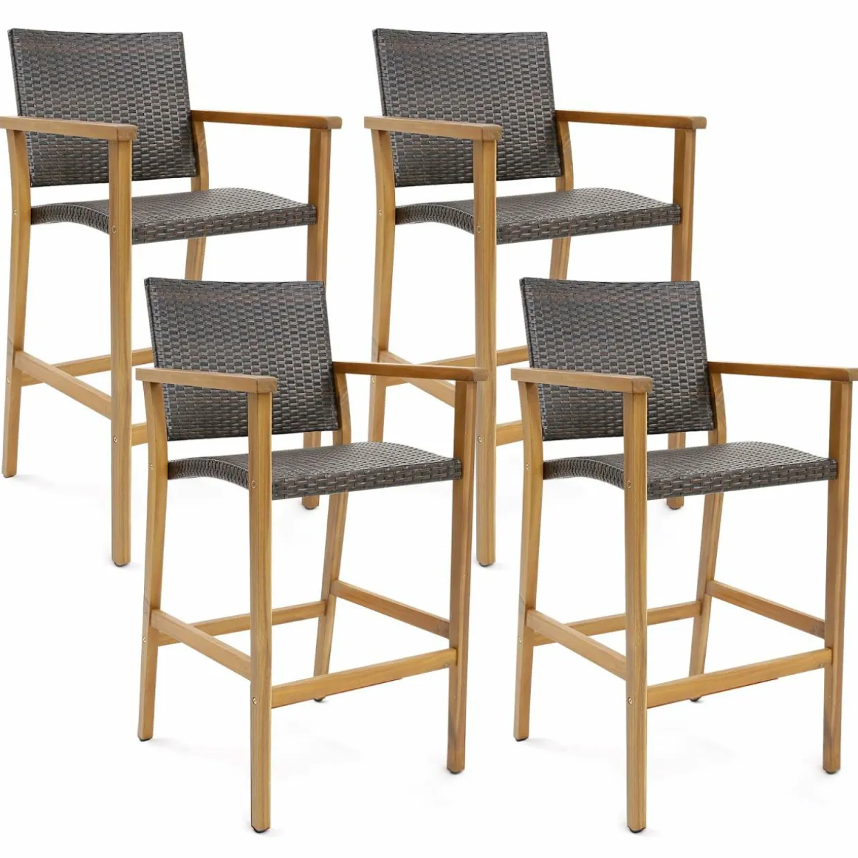 Tangkula Patio Rattan Bar Stool Set of 2, Outdoor PE Wicker Bar Chairs with Armrests