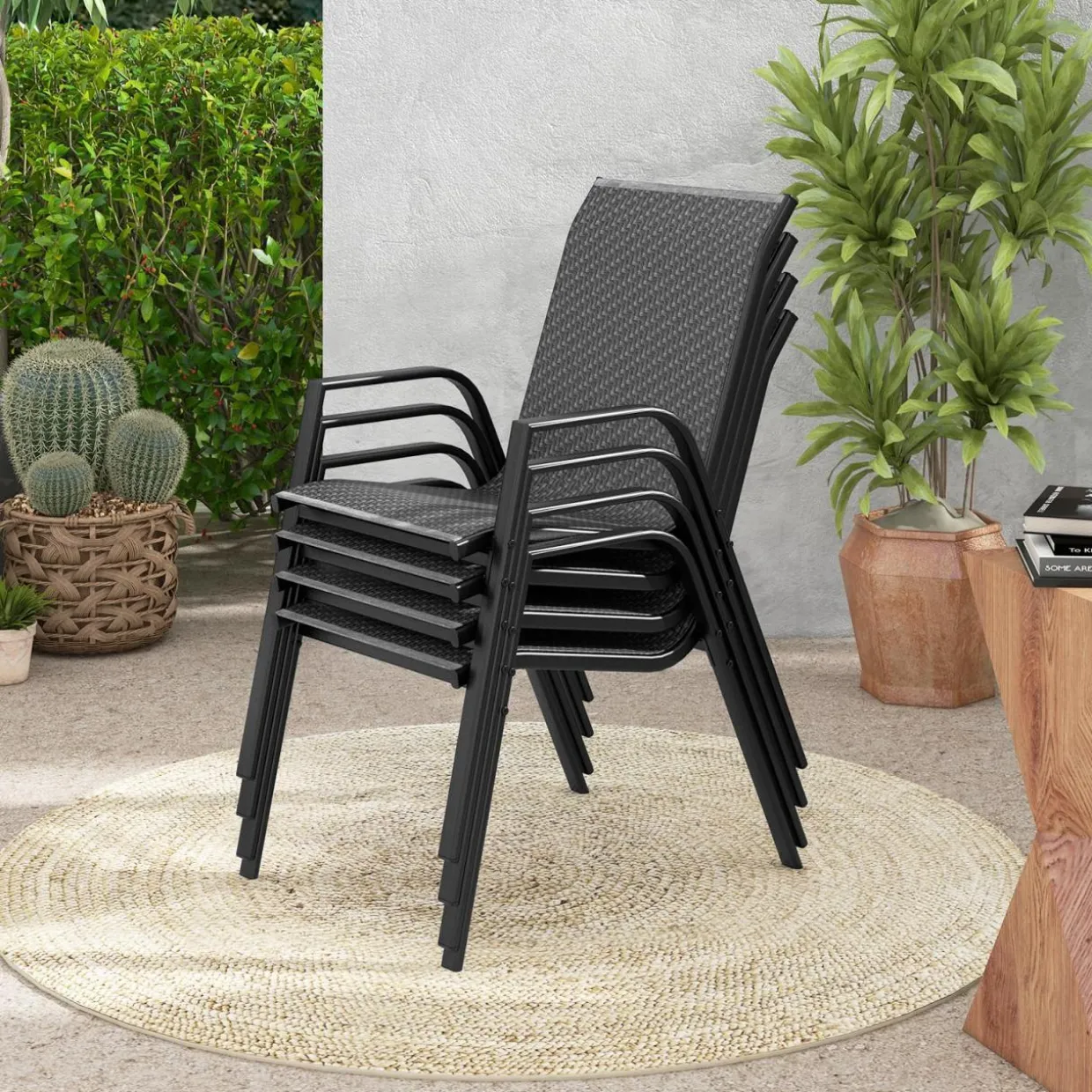Tangkula Patio Rattan Chairs Set of 4, Stackable Dining Chair Set with Wicker Woven Backrest & Seat