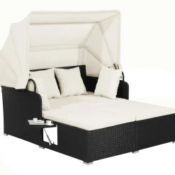 Tangkula Patio Rattan Daybed, Patiojoy Wicker Daybed Loungerw/Retractable Canopy, 2 Foldable Side Panels