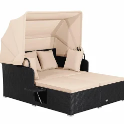 Tangkula Patio Rattan Daybed, Wicker Daybed Lounger w/Retractable Canopy, 2 Foldable Side Panels