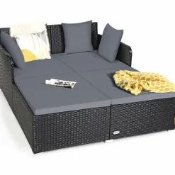 Tangkula Patio Rattan Daybed, Patiojoy Outdoor Sunbed with Spacious Seat (Grey)