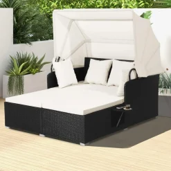 Tangkula Patio Rattan Daybed, Patiojoy Wicker Daybed Loungerw/Retractable Canopy, 2 Foldable Side Panels