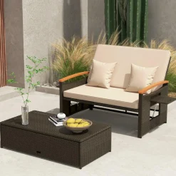 Tangkula Patio Rattan Daybed Set with Cushioned Loveseat and Storage Ottoman