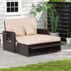 Tangkula Patio Rattan Daybed, Patiojoy Wicker Loveseat Sofa with 4-Postion Adjustable Backrest, Storage Ottoman, Cushions